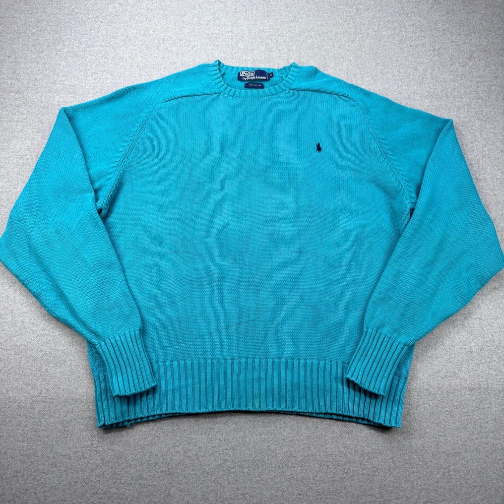 Vintage 90s Polo Ralph Lauren Sweater Men XL Turquoise Blue Cotton Crewneck FLAW